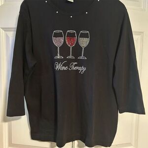 Las Olas Women's XL Black V-Neck Long Sleeve T-Shirt Rhinestone Accents